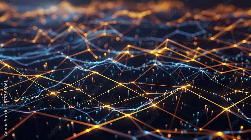 Poster an intricate network of financial graphs interconnecting, with glowing lines and nodes, representing