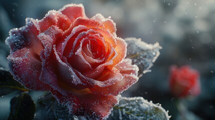 Frozen rose covered with frost, with delicate ice crystals shimmering on red petals, creating a romantic and beautiful scene against a blurred backdrop.