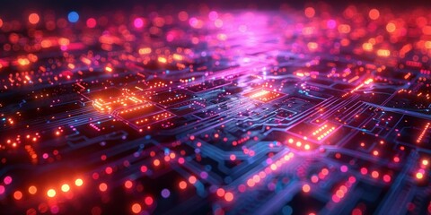 Obraz premium Abstract Circuit Board with Red and Blue Glowing Lights