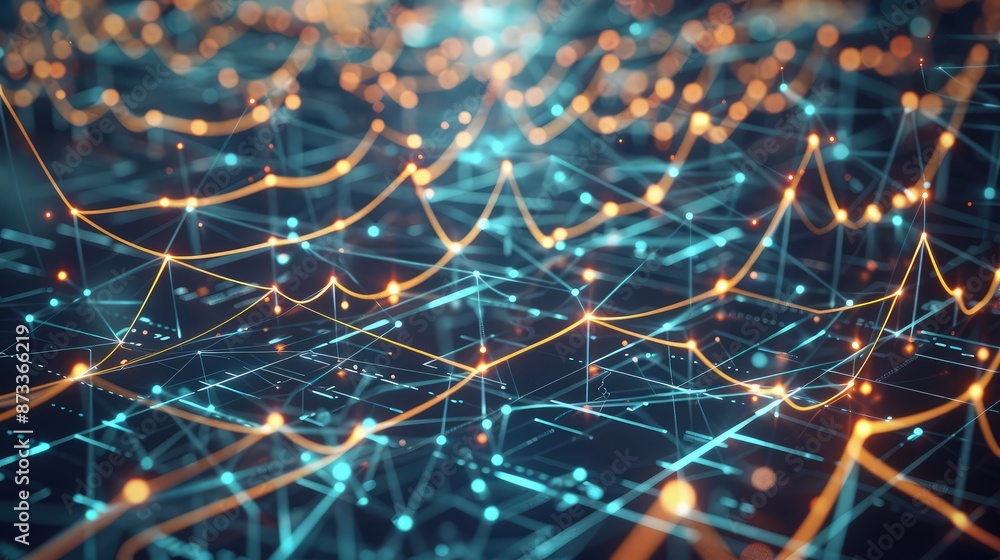 Poster an intricate network of financial graphs interconnecting, with glowing lines and nodes, representing