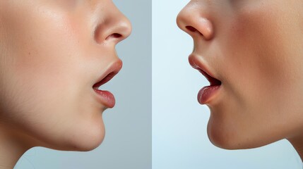 Obraz premium Close-up profile of two people with parted lips. Minimalistic side view. Professional studio lighting highlighting facial details.