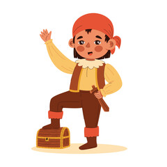 Happy little boy dressed in pirate costume with wooden sword having fun cartoon vector illustration