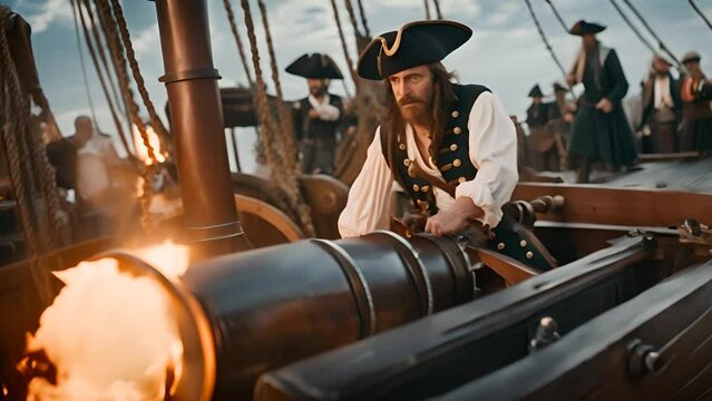 a pirate on a ship shoots from a big cannon 4k