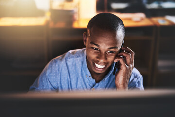 Happy businessman, phone call and night with computer for online advice, help or telecommunication...