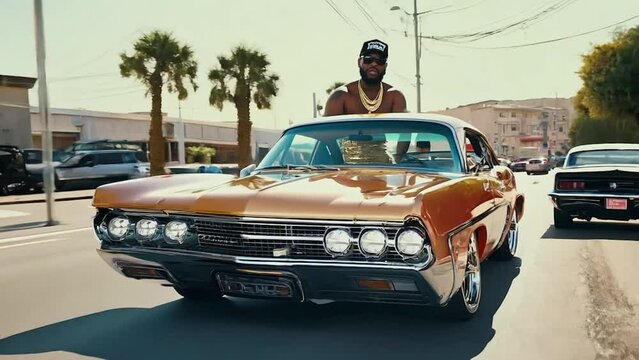 Man riding on a classic car in Los Angeles street