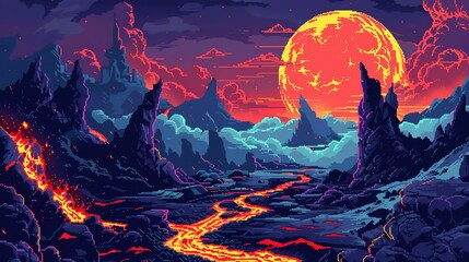 Retro pixel art of a volcanic landscape with flowing lava and rocky terrain, dramatic and bold