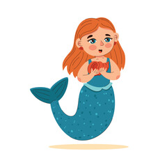 Cute mermaid girl with a shell in her hands, magical child in cartoon style isolated on white background