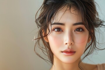 Close-up portrait of young Asian beautiful woman with K-beauty make up style and healthy and perfect skin isolated on beige background for skincare commercial product advertising.	