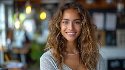 Obraz premium Young woman with long, wavy blonde hair smiles at camera while sitting at cafe table