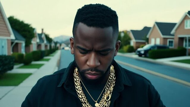 Black man wearing gold chains serious face portrait