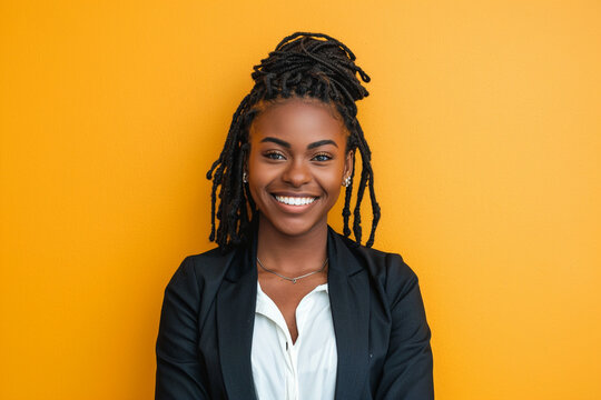 Young Black businesswoman with dreadlocks smiles confidently while standing in front of bright yellow wall