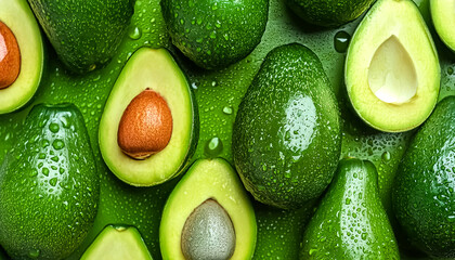 Creative food concept. Fresh avocados avocado green adorned with glistening water droplets...