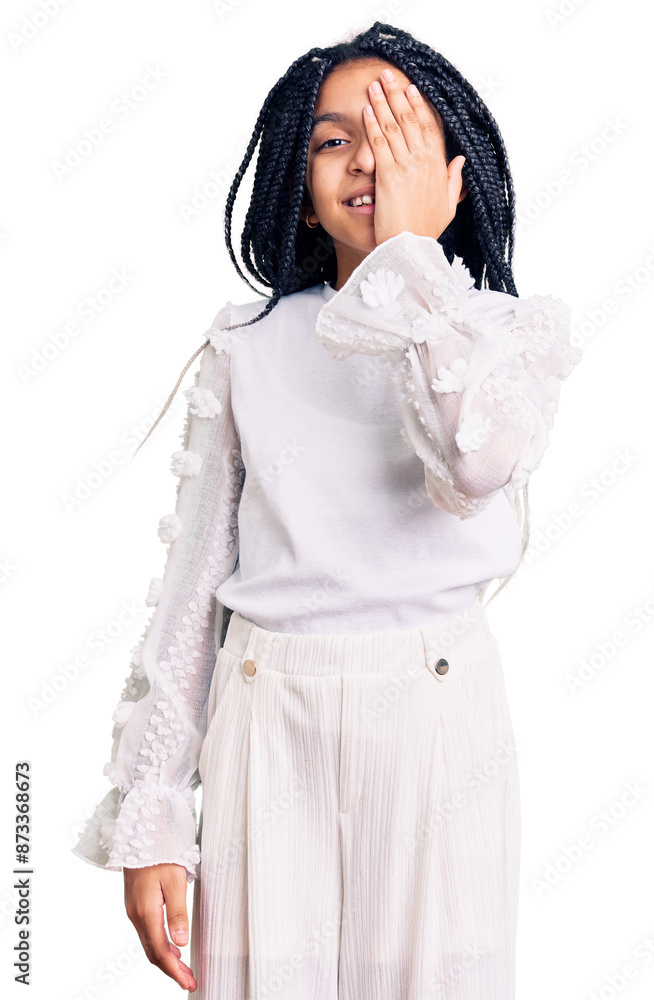 Sticker cute african american girl wearing casual white tshirt covering one eye with hand, confident smile o