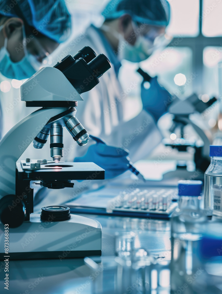 Aufkleber a group of scientists are working in a lab, with one of them writing on a clipboard. scene is focuse