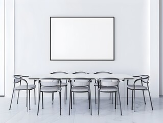 Minimalist Dining Room with Steel Chairs and Clean Interiorwith 3D Rendering Frame Mockup