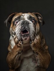 Obraz premium A very surprised and shocked dog with its mouth open and paws touching its head. Funny inspired animal