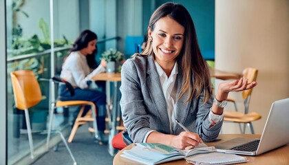 Happy female entrepreneur working in office and looking at camera , generated by AI