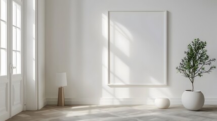 Minimalist Entryway with Blank Frame on White Background Home Mockup 3D Render