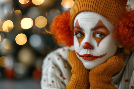 A clown girl with white face paint, red lips and orange hair, wearing a white sweater with red polka dots, sits in a chair and looks away with a neutral expression.