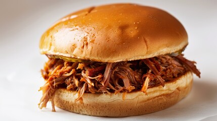 A serving of pulled pork sandwich with slowcooked pork, white background, focus cover all object, deep dept of field