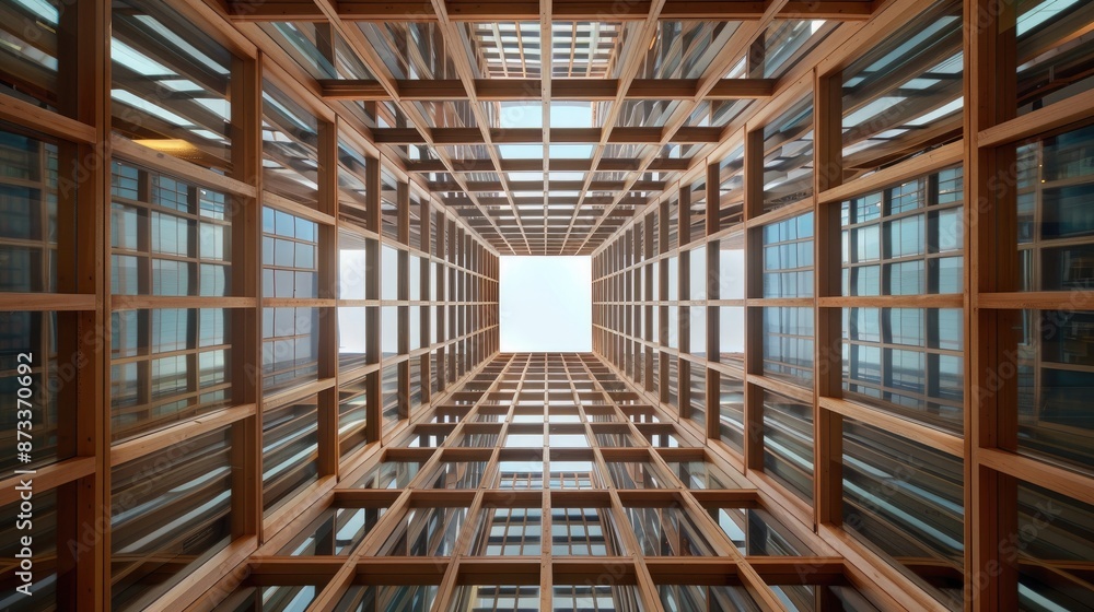 Aufkleber a view from inside a building looking up at the sky, framed by a symmetrical pattern of wooden windo