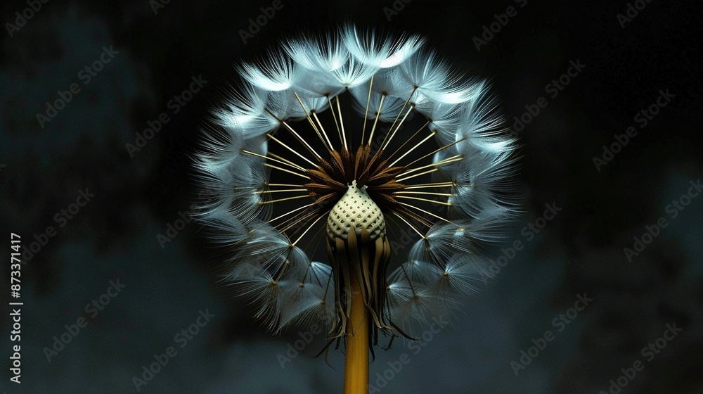 Poster close-up of a dandelion on a dark background with a blurry dandelion