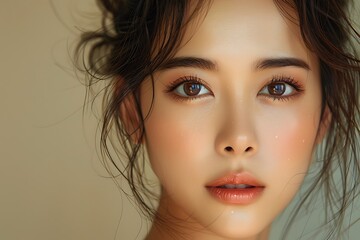 Fototapeta premium Close-up portrait of young Asian beautiful woman with K-beauty make up style and healthy and perfect skin isolated on beige background for skincare commercial product advertising. 