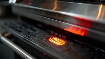 A closeup of the power indicator light glowing red to show that the griddle is ready for cooking.