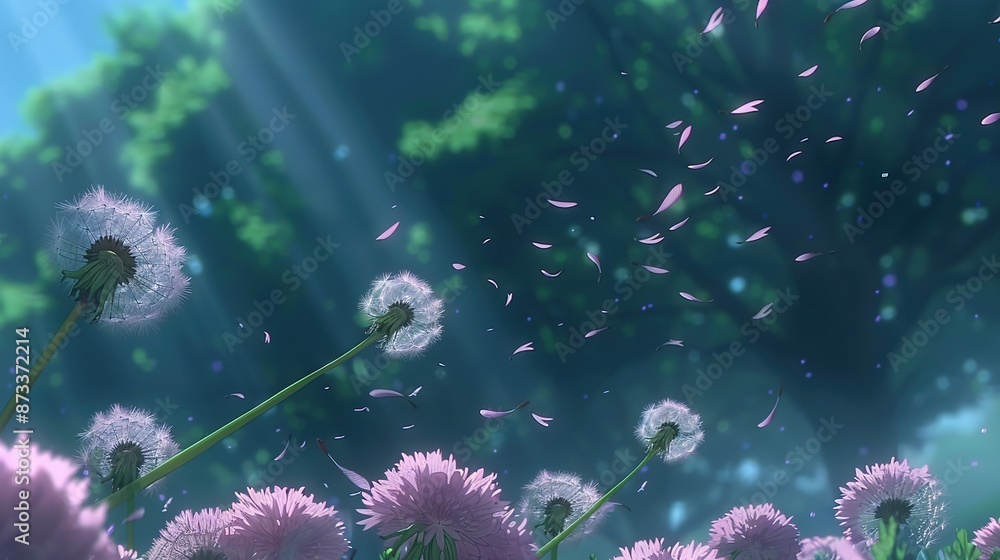 Poster a cluster of dandelions swaying in the breeze against a blue backdrop with trees surrounding them