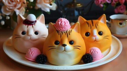 Fototapeta premium Three cats perched atop a plate, adorned with raspberries