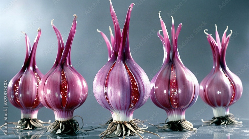 Poster a cluster of purple onions sits together on top of a table next to another table