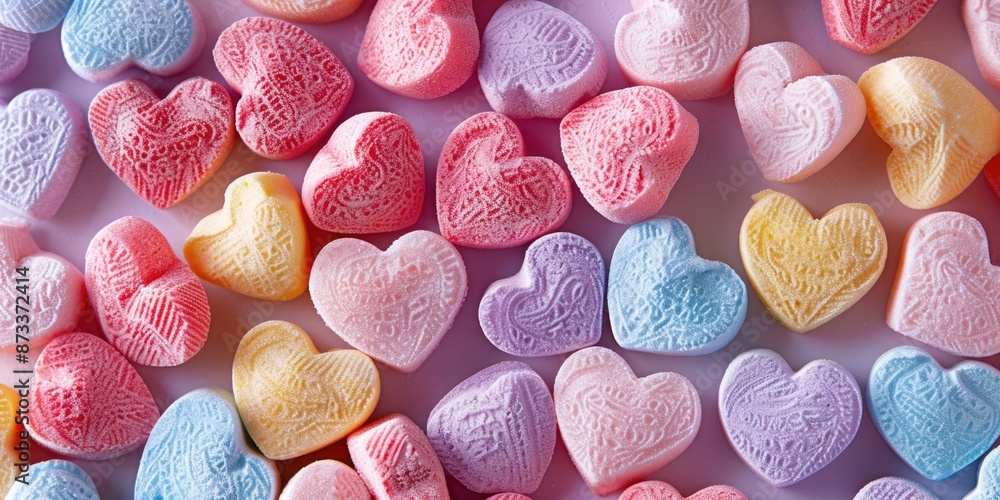 Poster a bunch of candy hearts in various colors and sizes. the candy hearts are arranged in a way that the