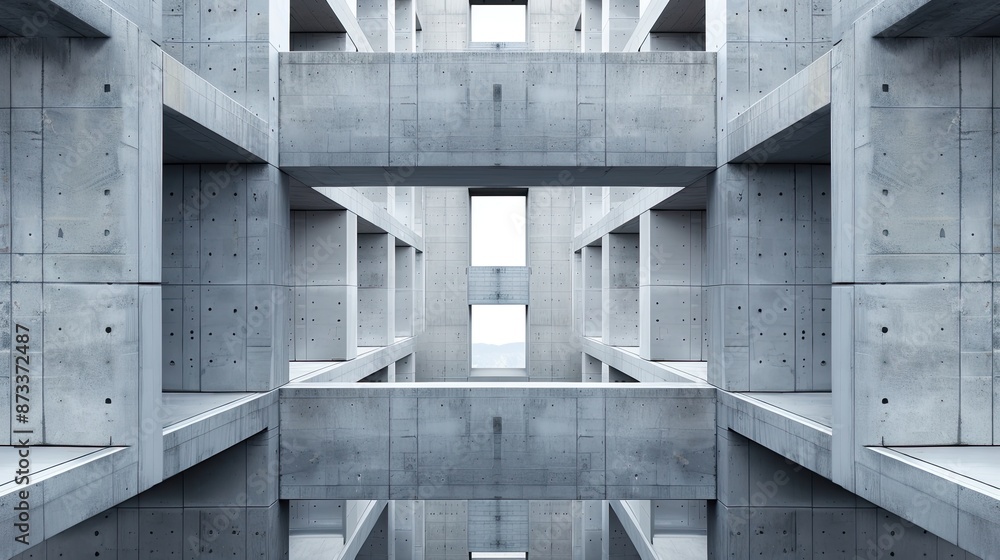 Poster a low angle view of a concrete structure with symmetrical windows and beams
