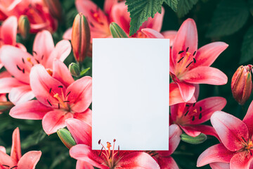 Obraz premium Paper empty blank background backdrop against pink flowers. Copy space Handicraft. Pink flower frame background .