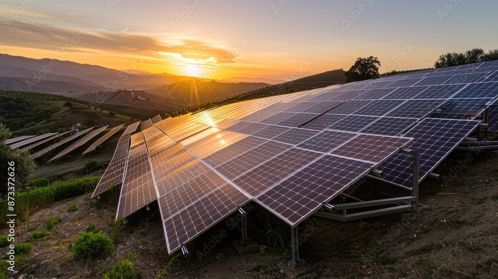 Poster solar panels array on a hilly terrain, with the sunset casting long shadows, efficiently powering a 