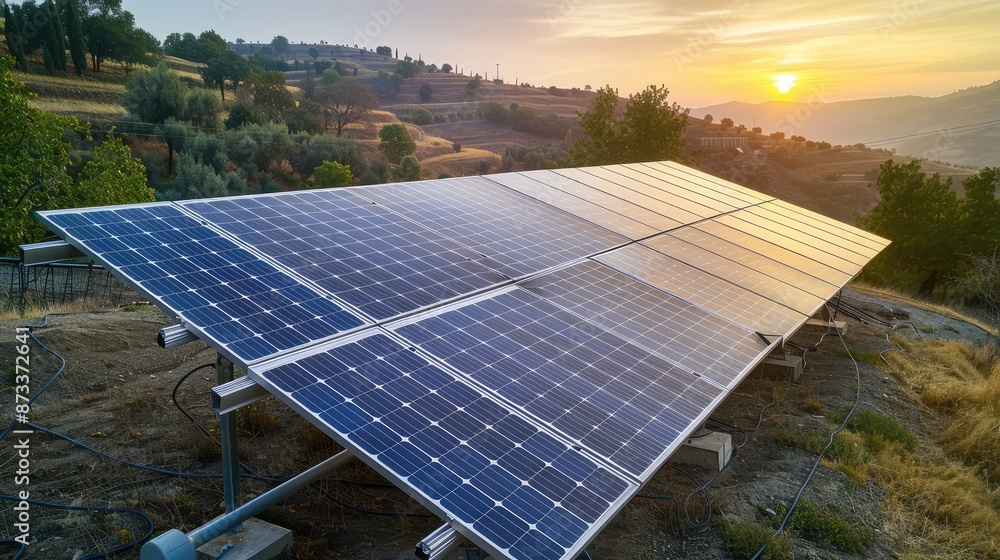 Poster solar panels array on a hilly terrain, with the sunset casting long shadows, efficiently powering a 