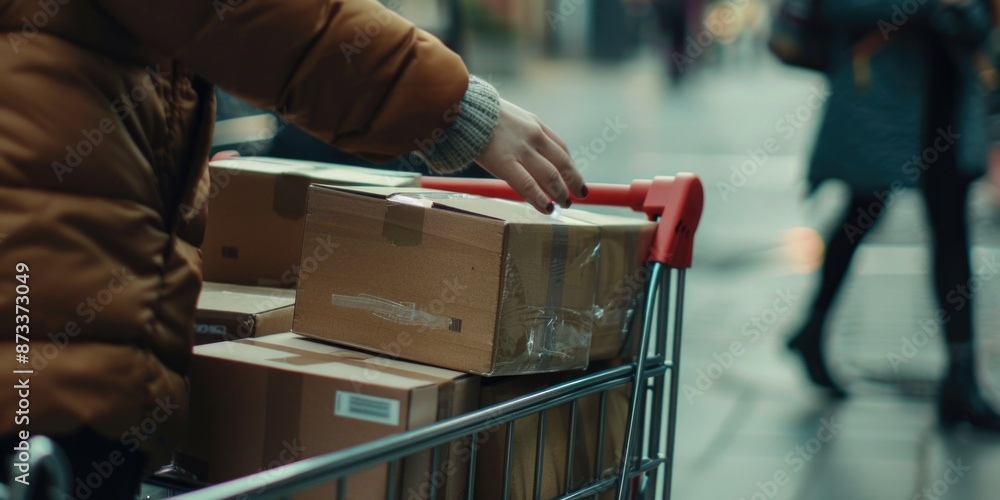 Poster a person is pushing a shopping cart with a box on top of it. the cart is full of boxes and the perso