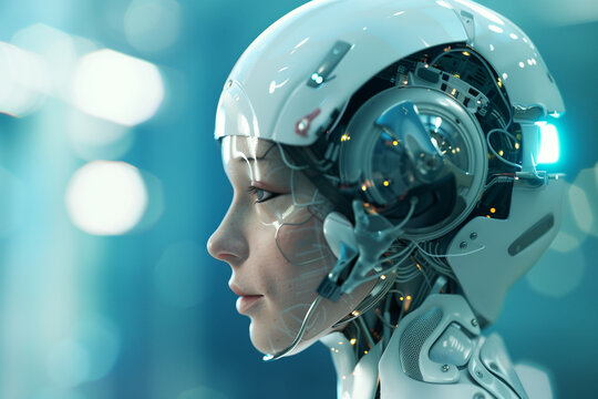 Close-up of female robot face looking to the left under colorful lighting a glowing digital interface. Generative AI.