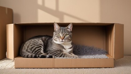 Adorable Grey Tabby Cat Relaxing Inside a Cardboard Box at Home