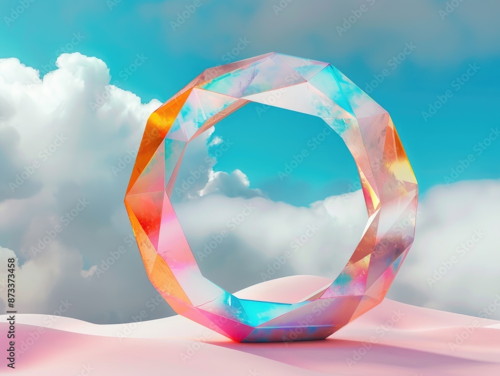 Poster a colorful, abstract, and geometric shape is floating in the sky. the shape is made up of different 