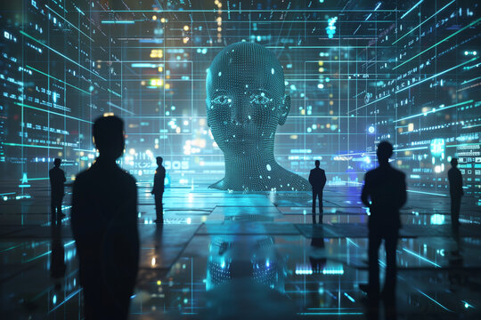 Silhouette of human and AI hologram under colorful glowing digital interface. Science and artificial intelligence technology. Generative AI.