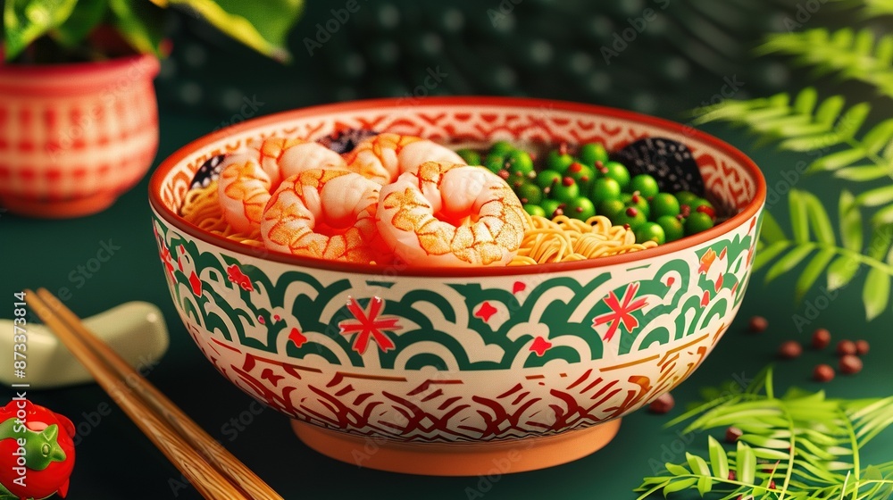 Wall mural  Close-up of a bowl of food and chopsticks on a table beside a potted plant