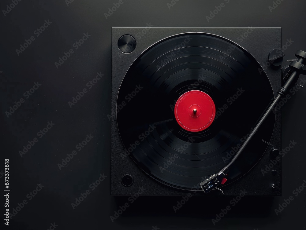 Poster a black record player with a red label on it. the record is not playing