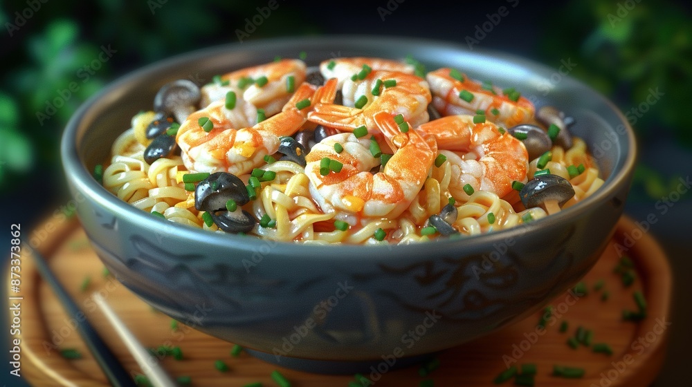 Wall mural   Bowl of pasta with shrimp, olives, and olive oil on wooden tray using chopsticks