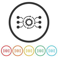 Algorithm API software icon. Set icons in color circle buttons