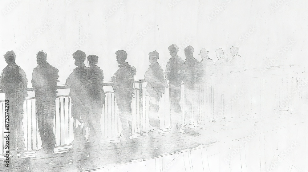Poster a monochrome image depicting a group of individuals posed on a bridge during a hazy day