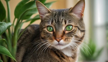 Fototapeta premium Close-Up Portrait of a Green-Eyed Cat with Plant Background