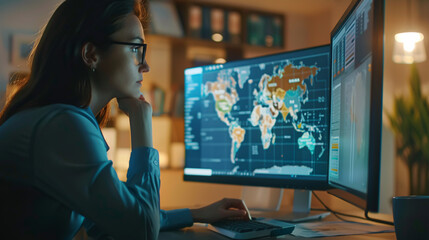 Close-up of a human resources manager analyzing global labor market trends on a computer.