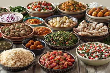 Diverse array of traditional and exotic food ingredients beautifully arranged in bowls for a...