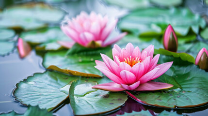 Pink lotus on green leaves makes a beautiful photo for a card, decoration, or illustration.